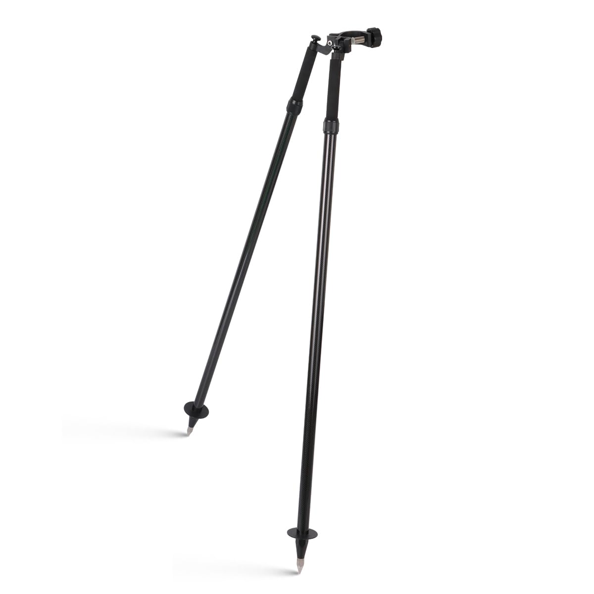 Mountlaser CLS22C carbon fiber bipod front view for stable on-site leveling and prism pole support.