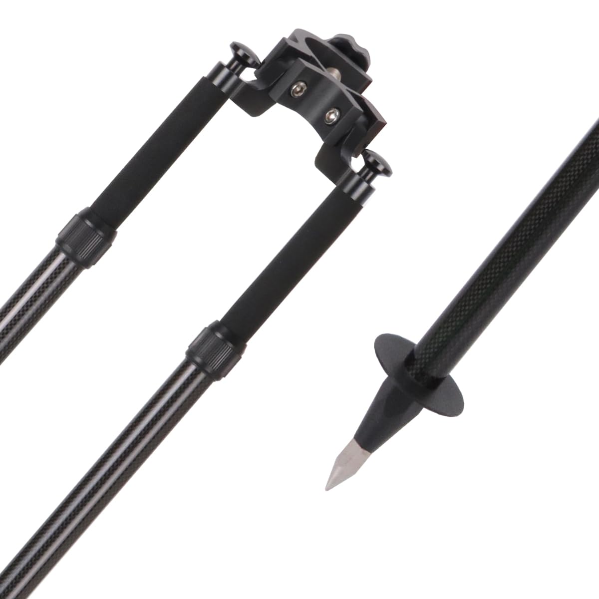 Mountlaser carbon fiber bipod pole-fitment showing pole compatibility with top and side mounting.