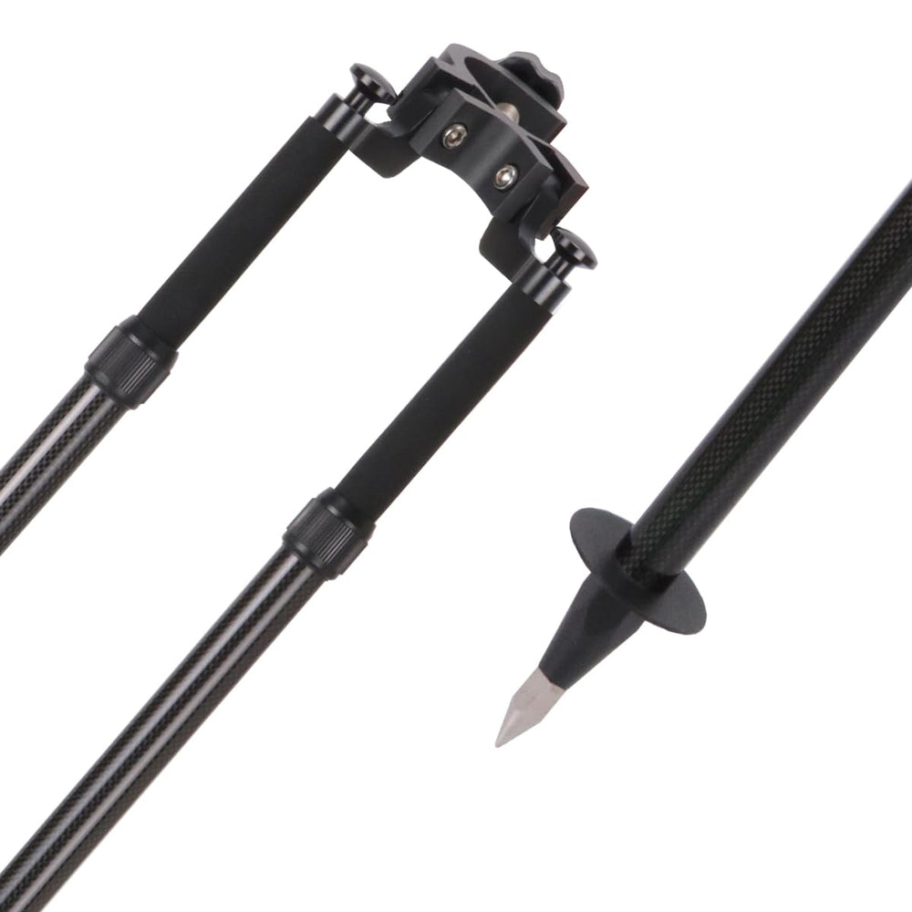 Mountlaser carbon fiber bipod pole-fitment showing pole compatibility with top and side mounting.