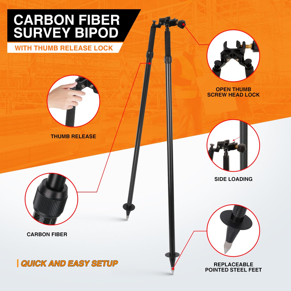 Mountlaser carbon fiber bipod front view shows center-entry head for quick setup.