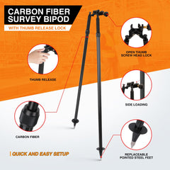 Mountlaser carbon fiber bipod front view shows center-entry head for quick setup.