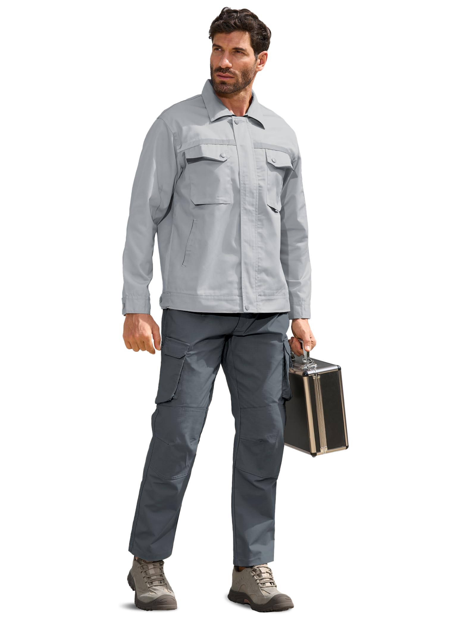 MOURCE Cargo Pants grey color shown on model for versatile outdoor use.