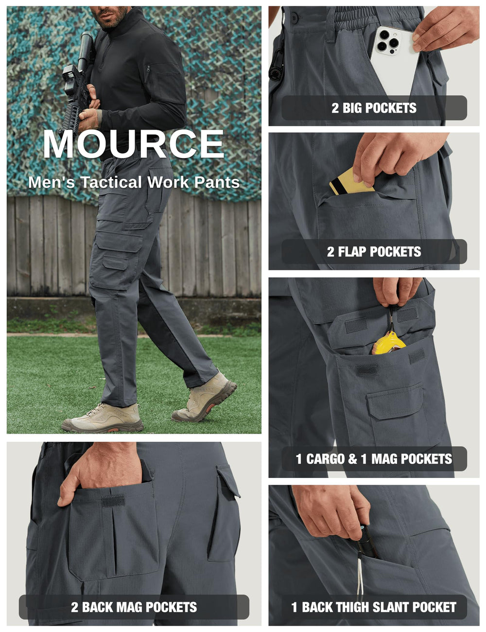 MOURCE cargo pants water-resistant fabric suitable for light rain and outdoor activity