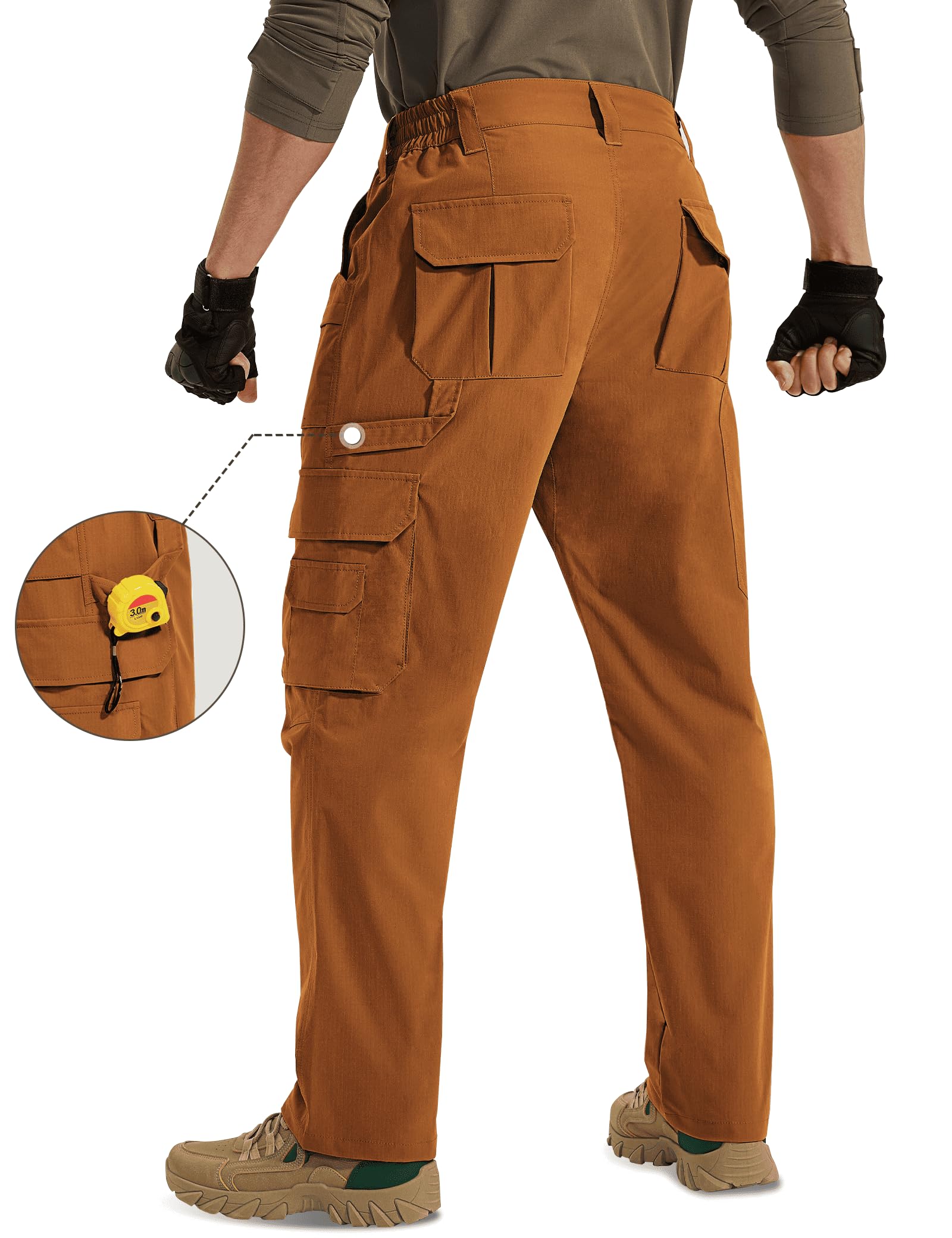 MOURCE Carpenter pants stretch back view showing durability and water resistance