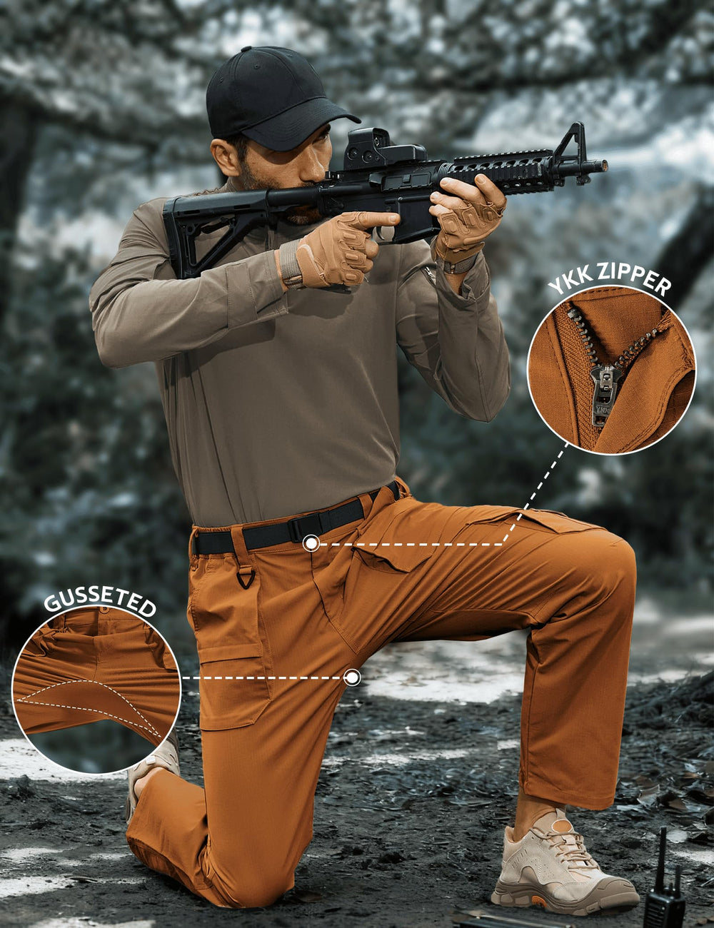 MOURCE Carpenter pants stretch reinforced knees close-up for rugged durability