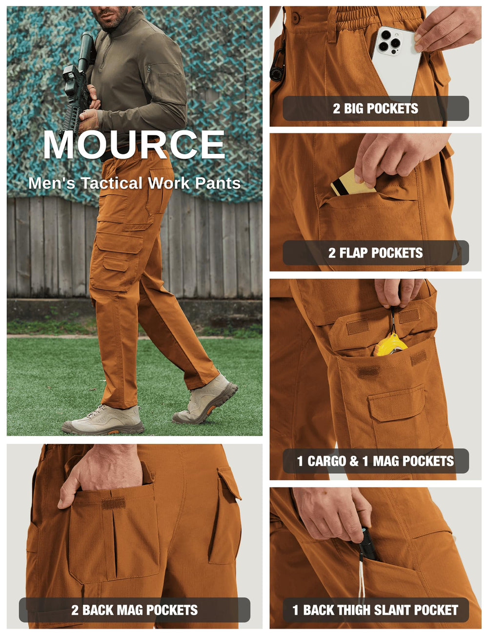 MOURCE Carpenter pants stretch side-pocket close-up featuring the 9-pocket layout