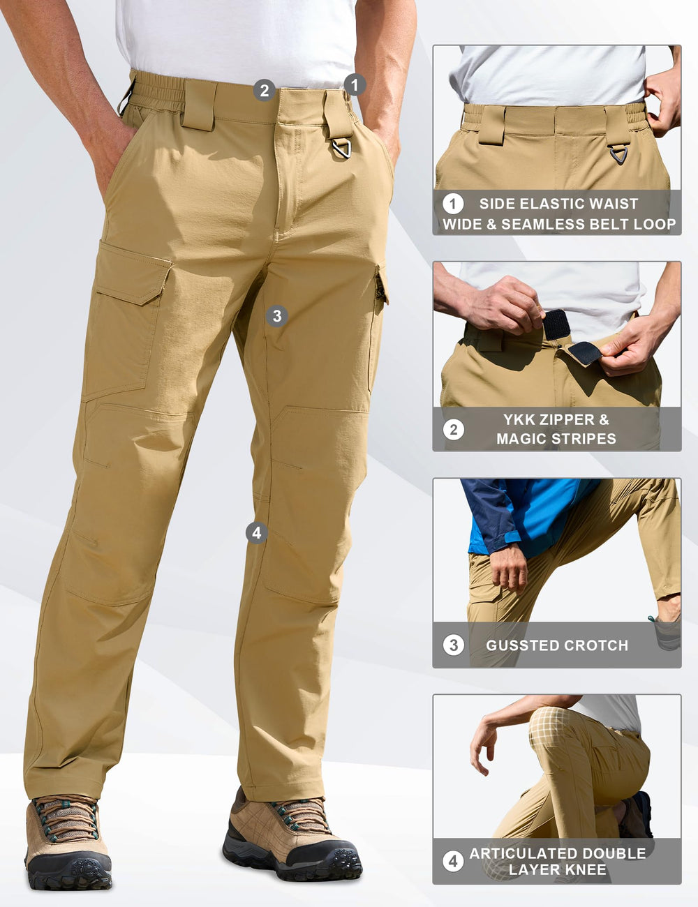 MOURCE men's hiking pants with magic tape and YKK zipper fly for easy adjustments