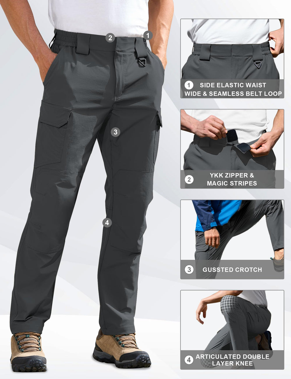 MOURCE men's hiking pants seven-pocket layout back view for organized essentials