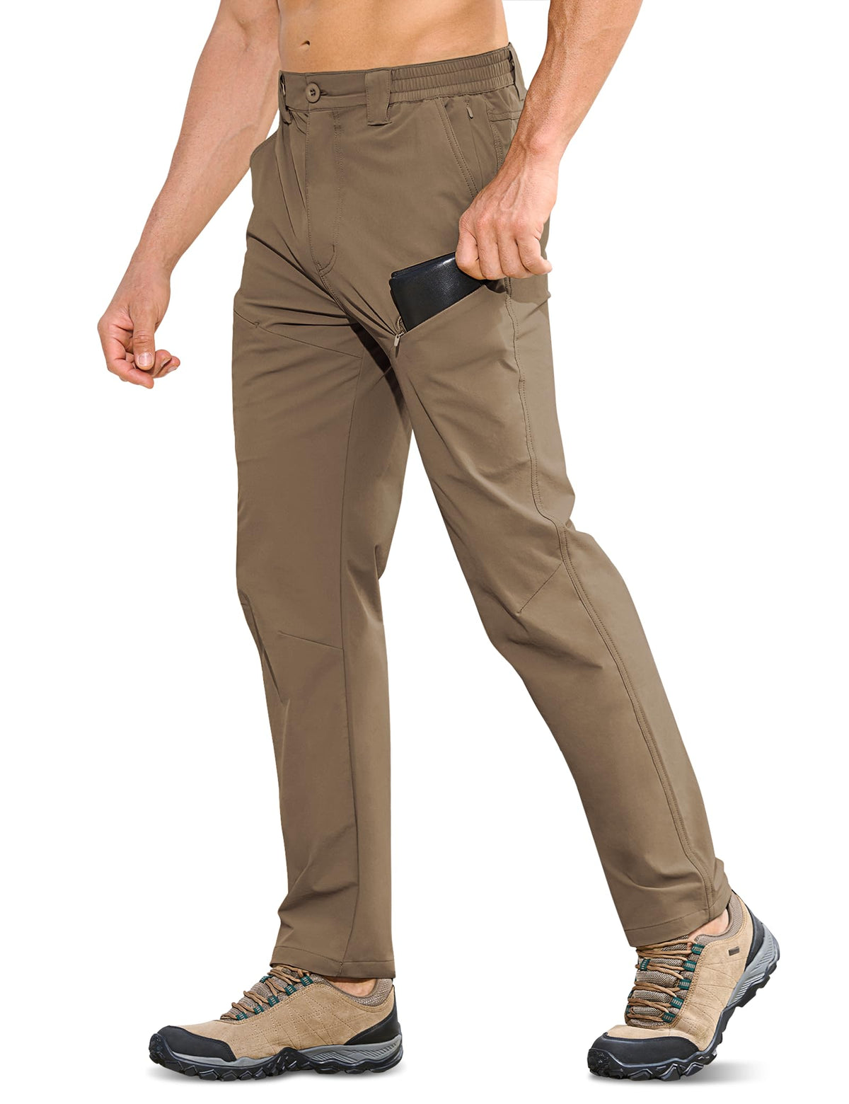 MOURCE men's hiking pants front view showing waterproof and quick-dry fabric for wet-weather hikes