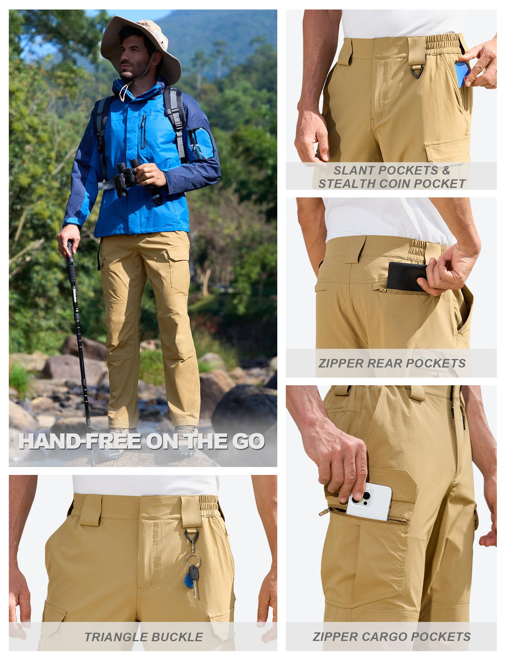 MOURCE men's hiking pants highlighting wide seamless belt loops for comfortable outdoor wear