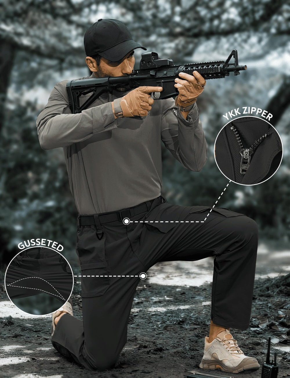 MOURCE Plus Size Cargo Pants YKK-zipper close-up for reliable operation