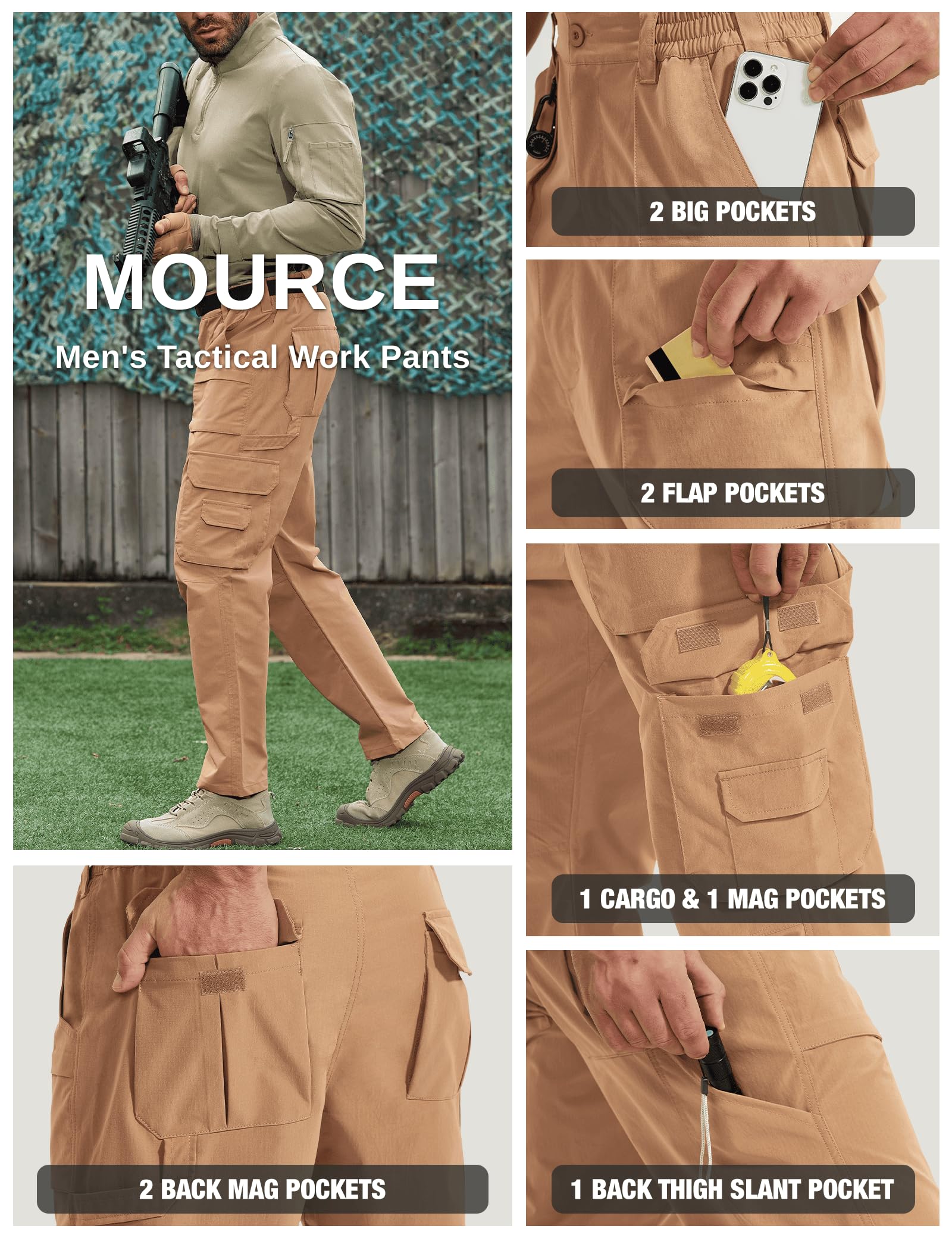 MOURCE Tactical Cargo Pants khaki waistband highlighting adjustable fit with belt loops