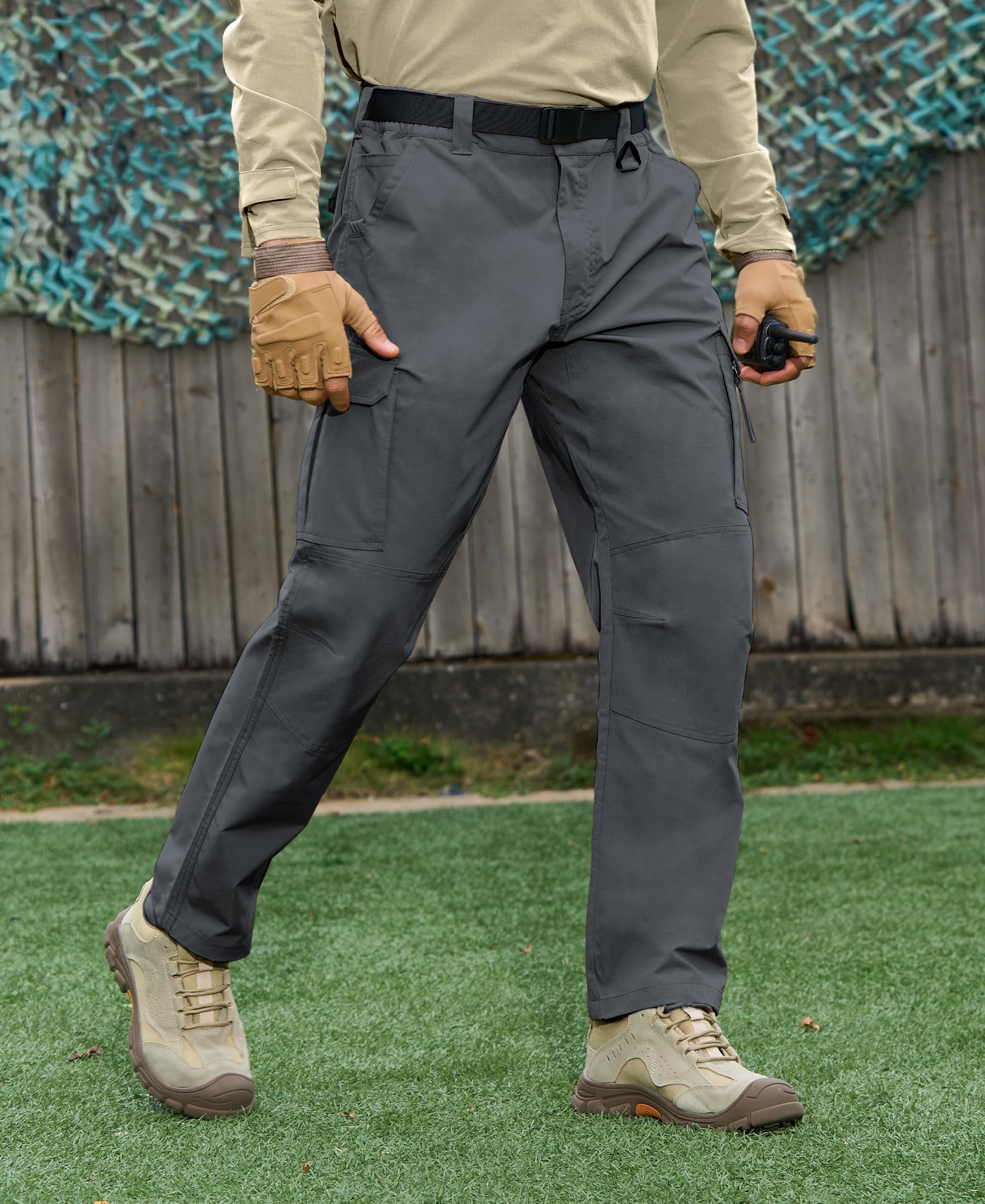 MOURCE Work Pants grey side view showing adjustable elastic waistband for a secure fit.