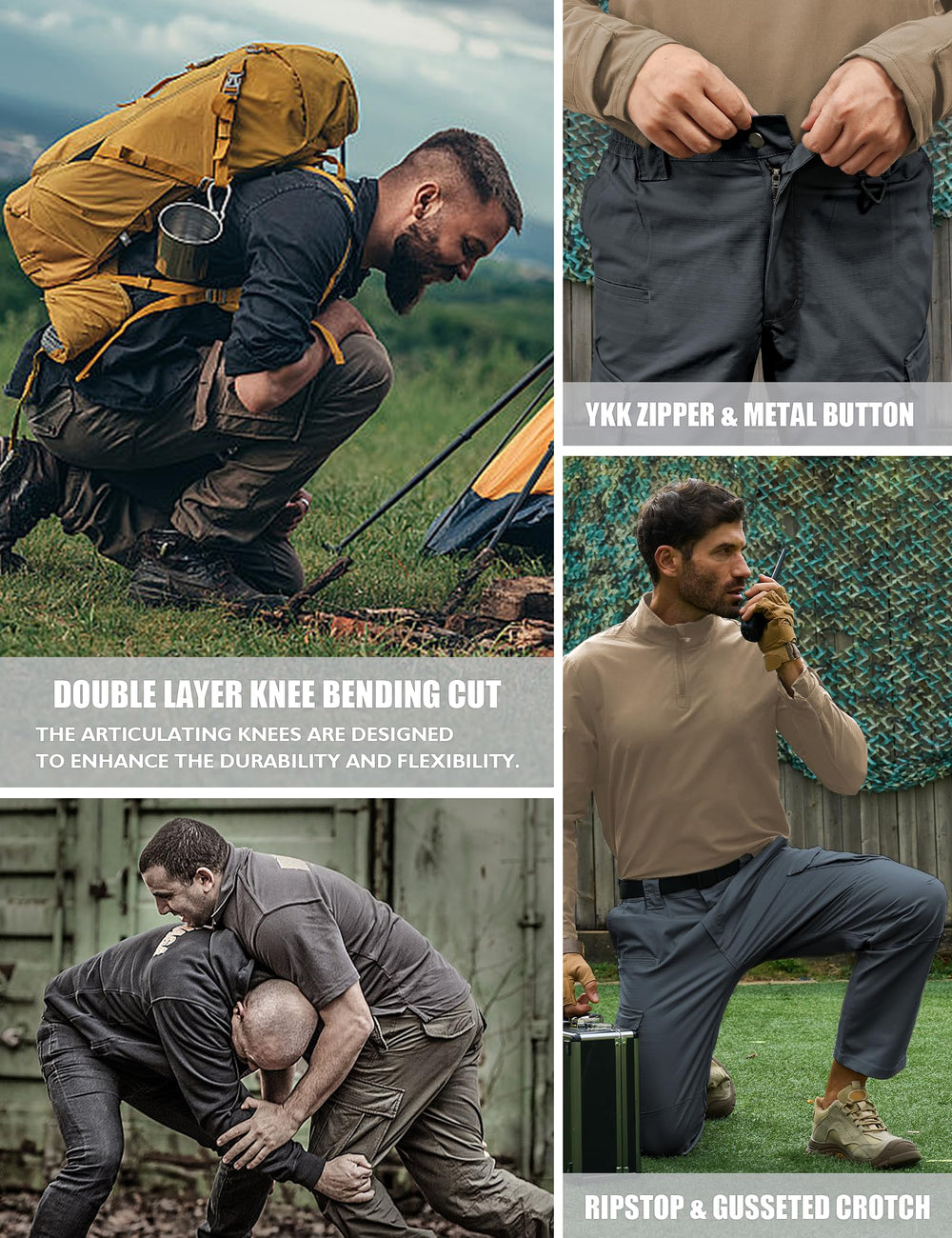 MOURCE YKK zip and button closure cargo pants grey, durable daily wear and outdoor use.
