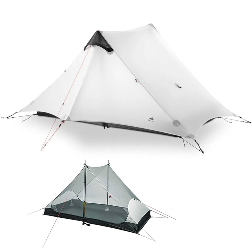 MOXIHIKE Lanshan 2 tent setup on mountain terrain showing ultralight quick-pitch capability.