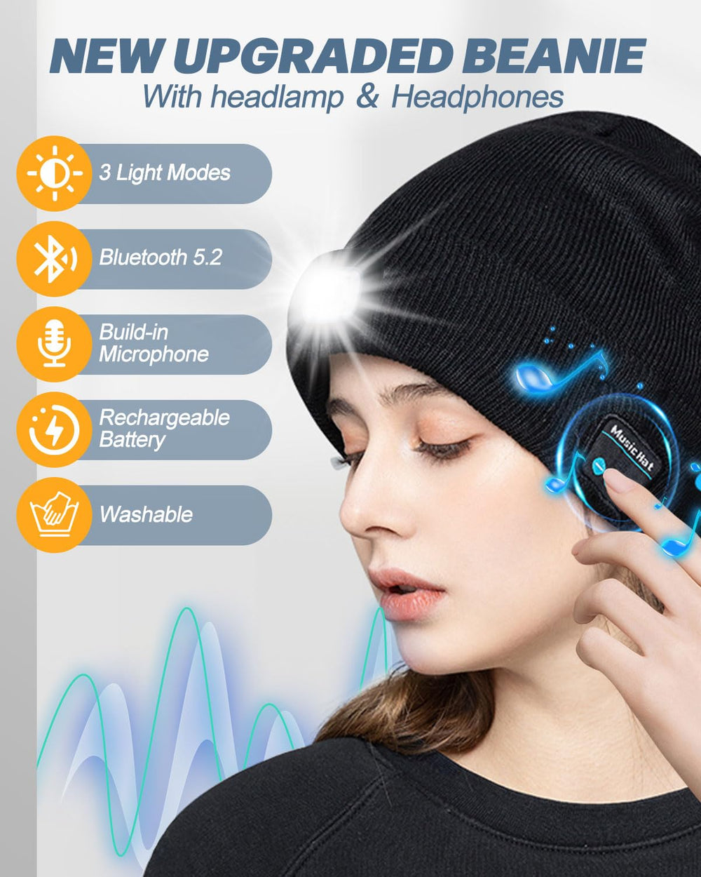 MOXTOYU unisex Bluetooth beanie light side view demonstrates universal fit.