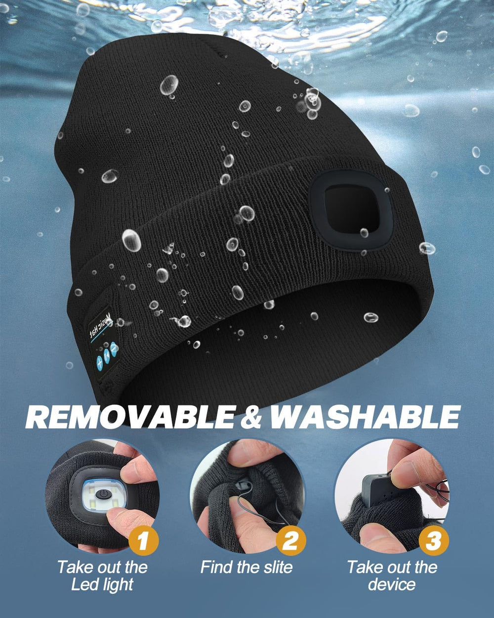 MOXTOYU USB rechargeable beanie showing charging port for on-the-go power.