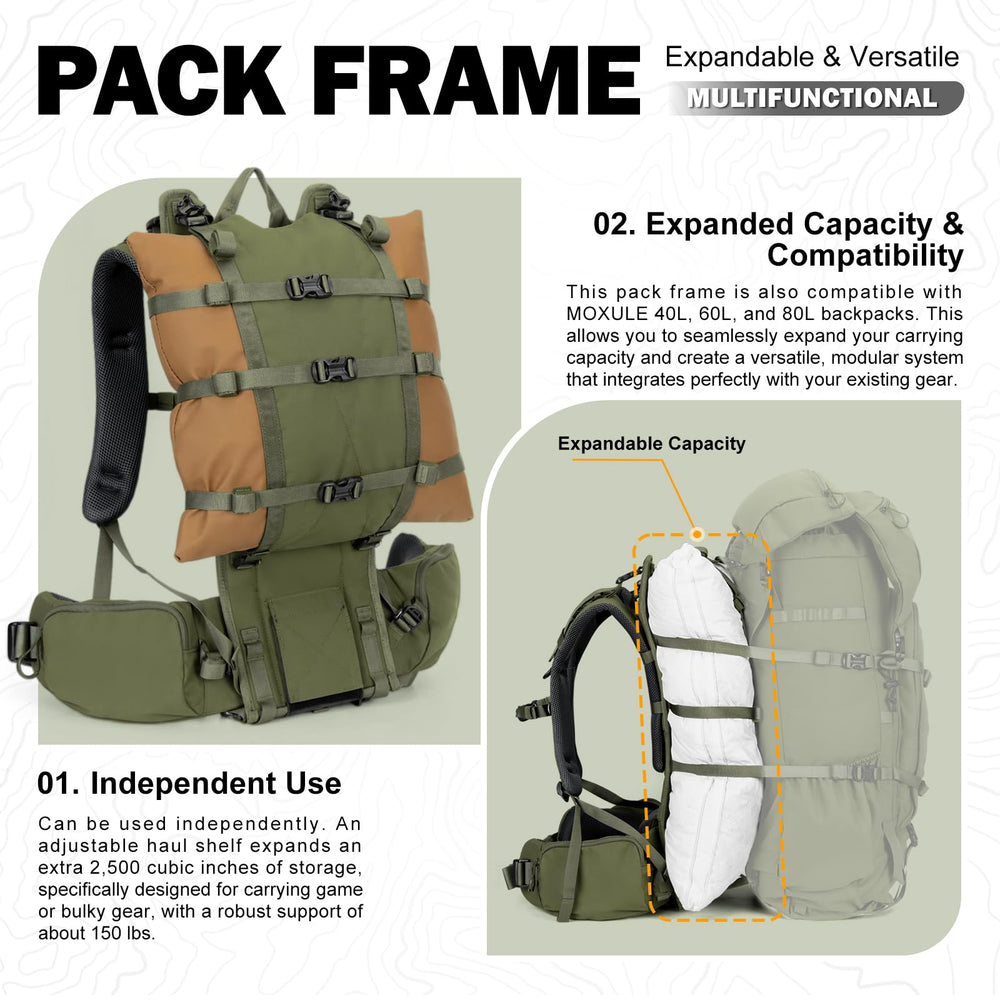 MOXULE frame compatible with 40L 60L 80L packs improves packing versatility.
