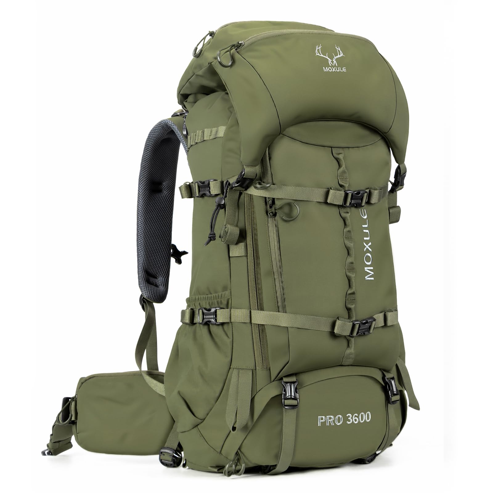 MOXULE Pro 3600 frame-backpack in green demonstrates ergonomic suspension for long treks.