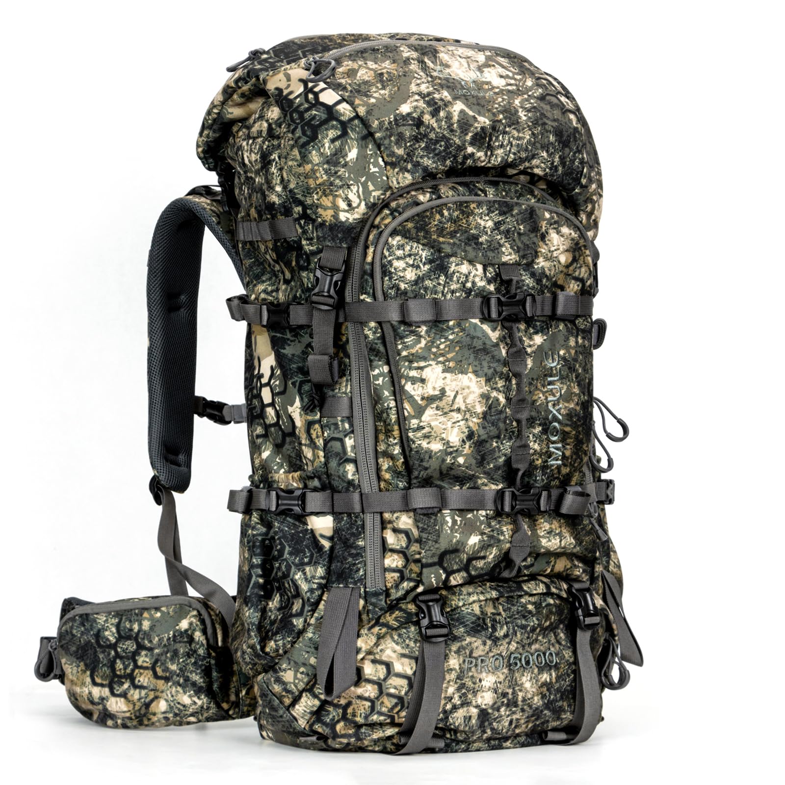 MOXULE Pro 5000 camo frame backpack exterior for rugged field use and broad storage