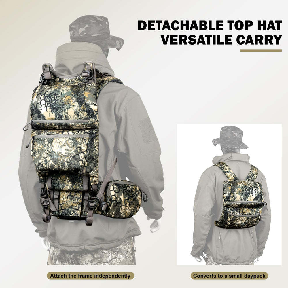 MOXULE Pro 5000 camo durability close-up shows water-repellent fabric and rugged zippers
