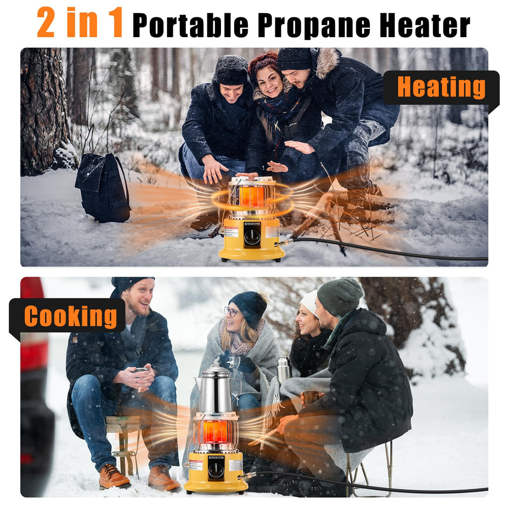 MOZODAWN 2-in-1 heater-stove side view showcases compact design for tents.