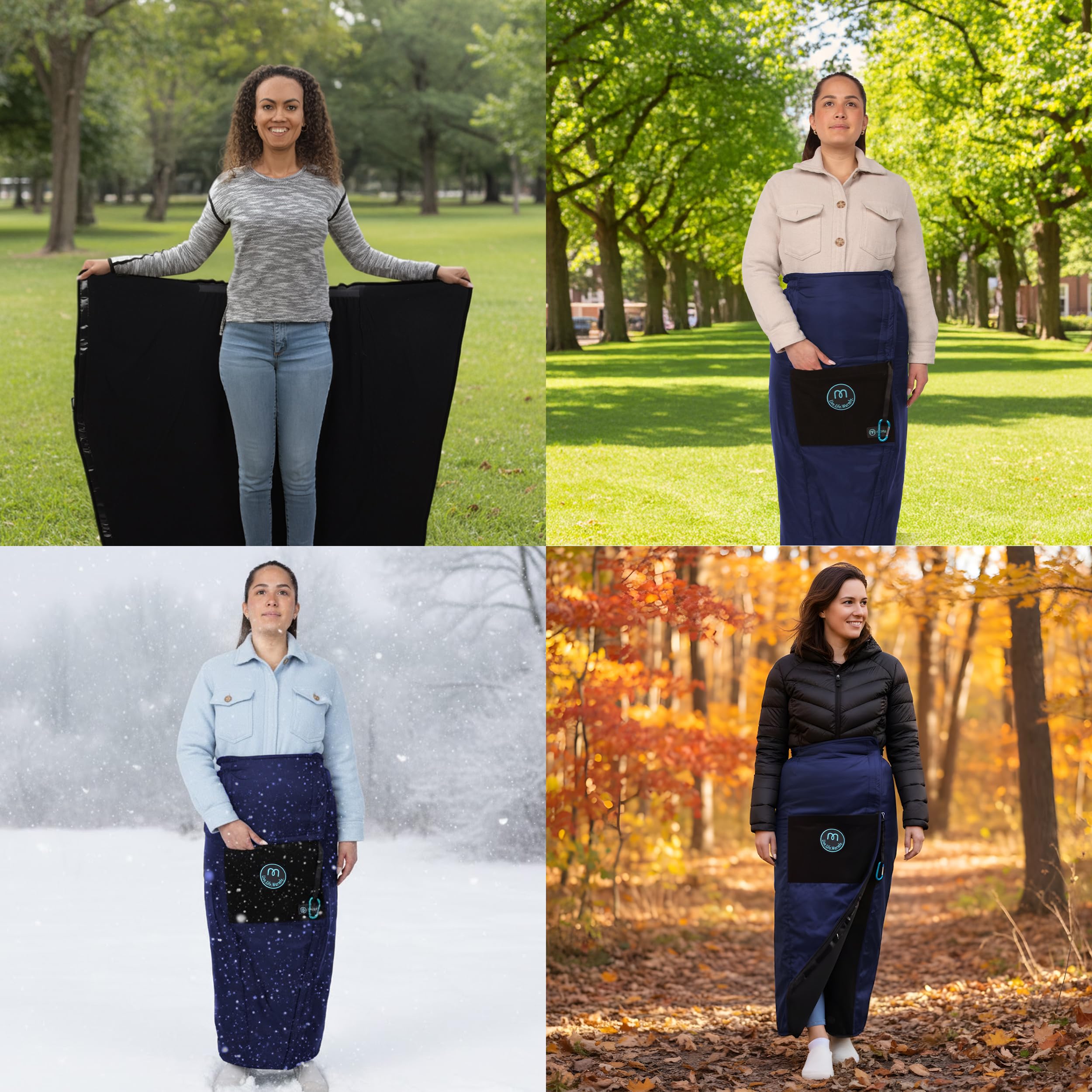 The Mozy wearable blanket worn at waist shows adjustable warmth options.