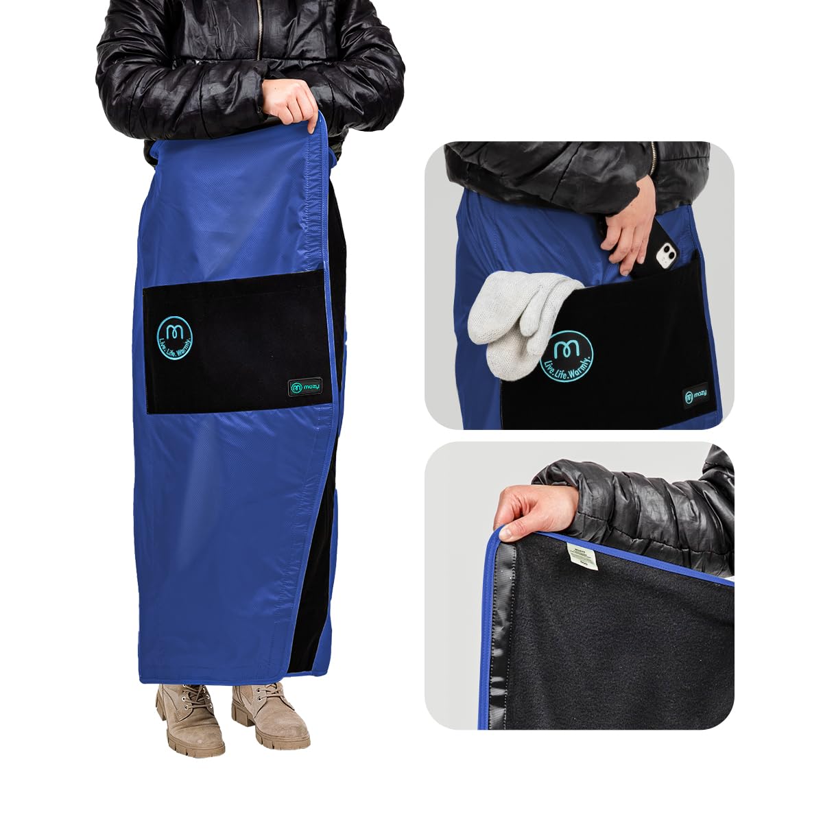 The Mozy wearable blanket blue on bleachers offering warm, hands-free comfort.