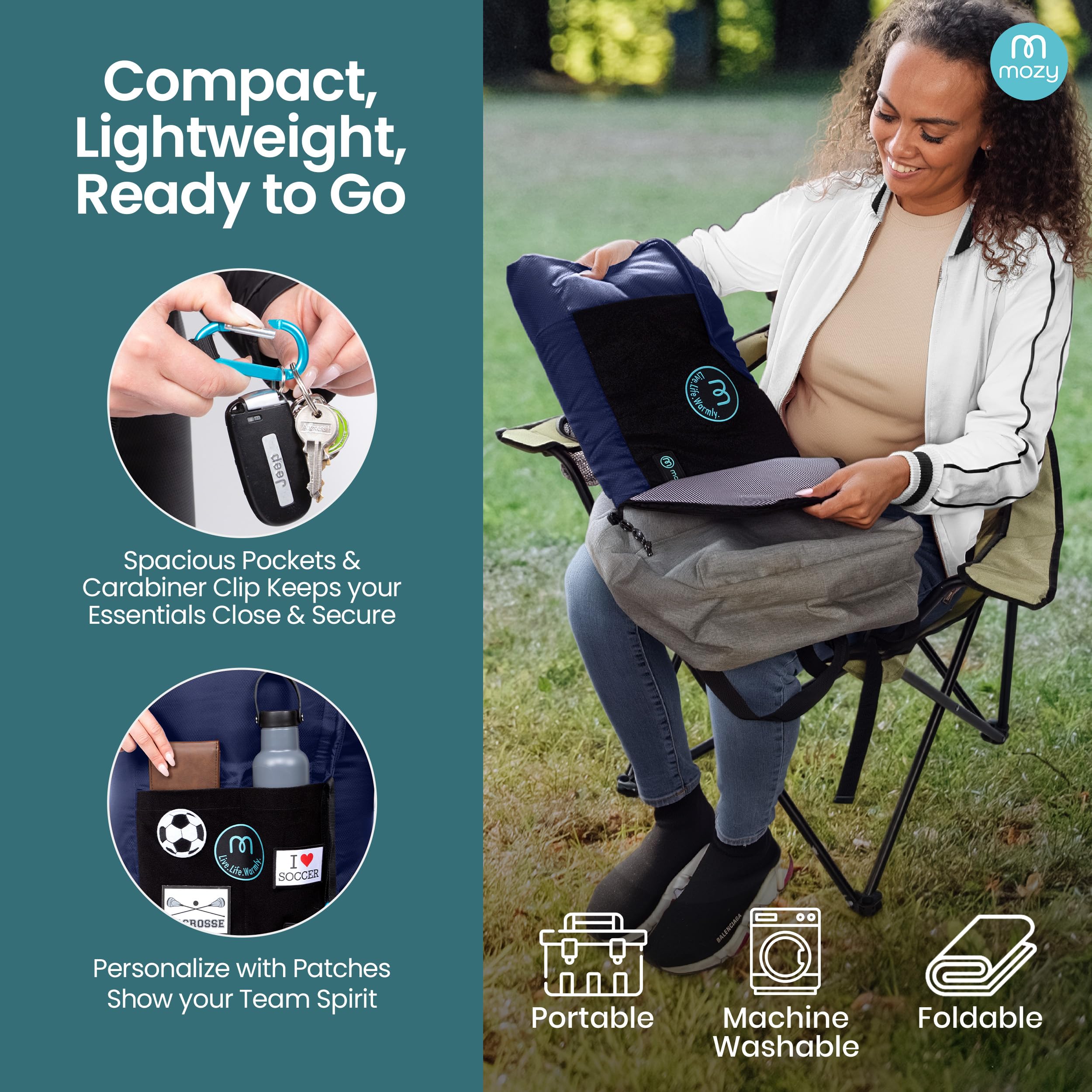 The Mozy blanket folded for compact, travel-friendly storage.