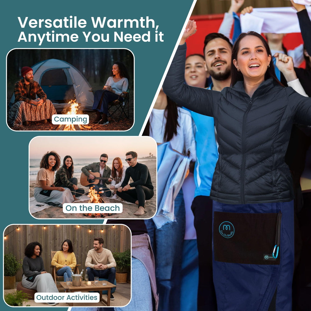 The Mozy wearable blanket features large pockets and a carabiner clip.