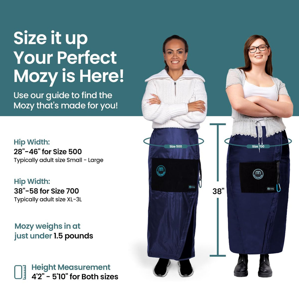 The Mozy wearable blanket with secure wrap shows easy on/off closures for rapid warmth.