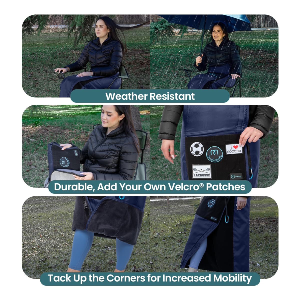 The Mozy wearable blanket demonstrates windproof and water-resistant outer layer.