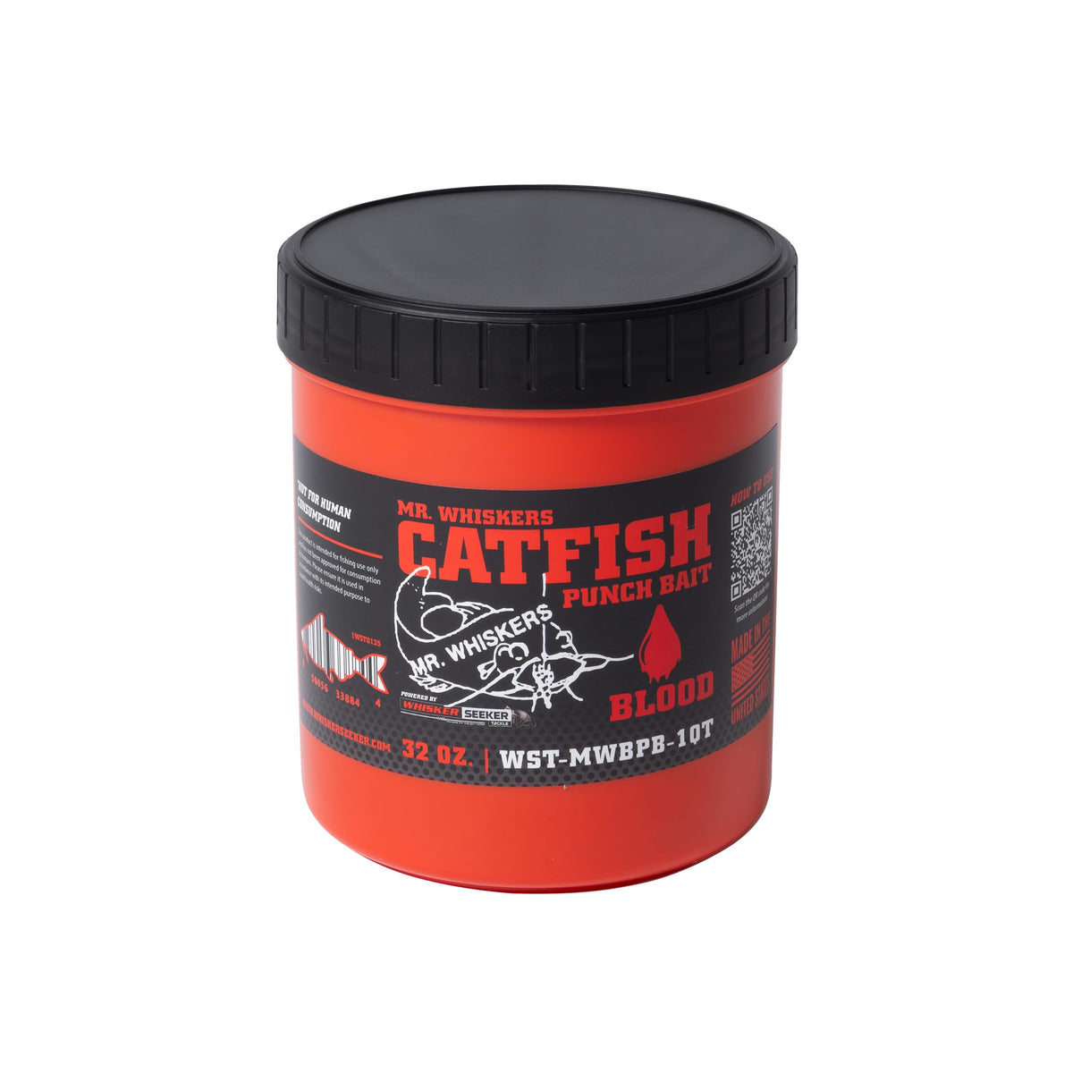 Mr. Whiskers Catfish Punch Bait Blood ready-to-pour on 1 qt bottle showing quick attractant action