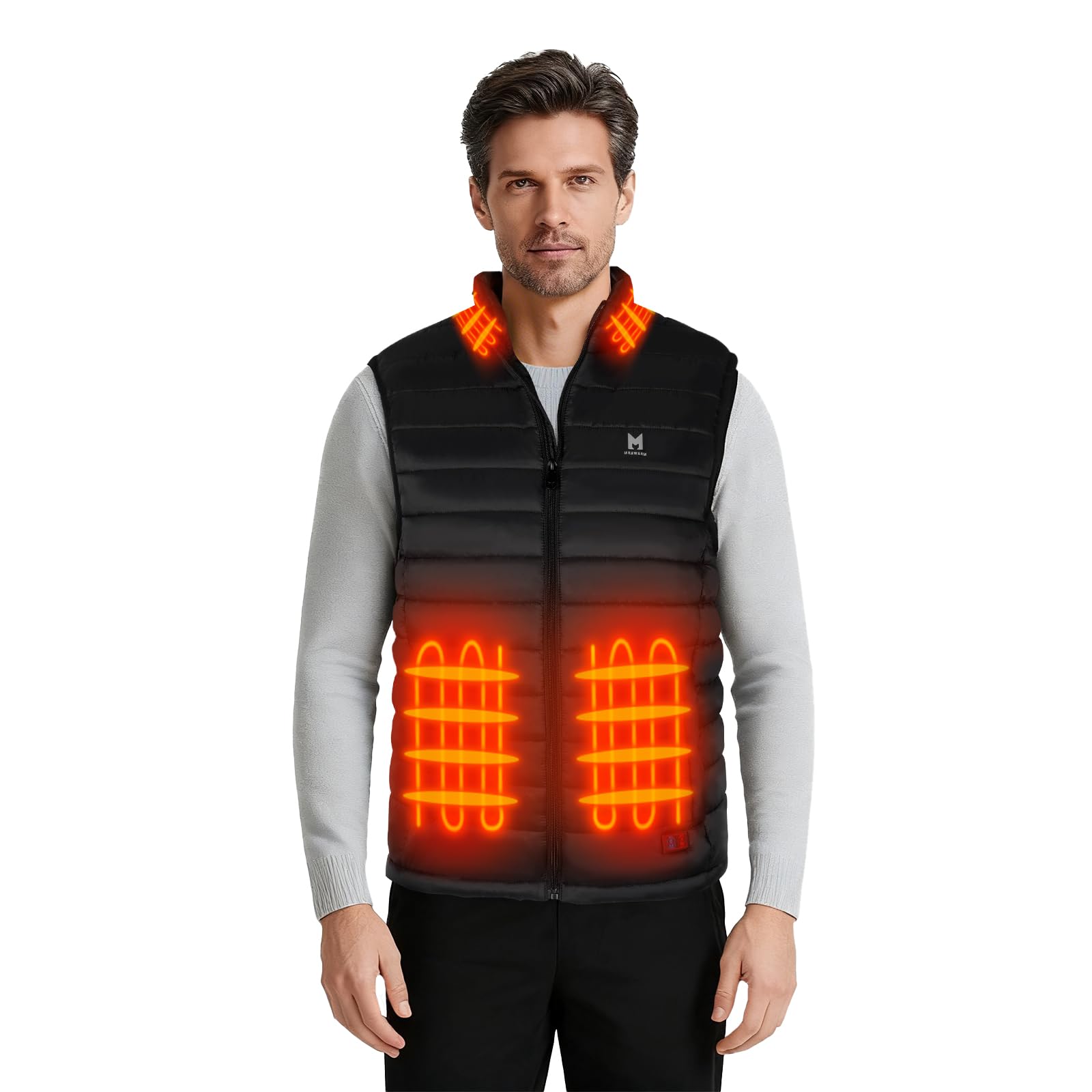 MRAWARM heated vest front view shows slim design for versatile wear and outdoor warmth.