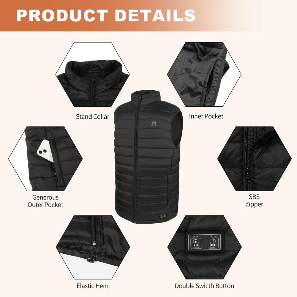 MRAWARM heated vest packaged closeup highlights lightweight materials and premium insulation.