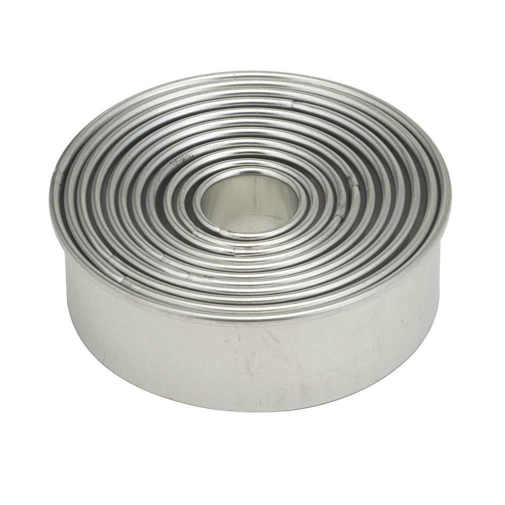 Closeup of Mrs. Anderson’s Baking graduated round cutters showing precise size range.