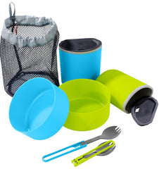 MSR 2-person camping mess kit with blue and green colors, ready for outdoor meals.