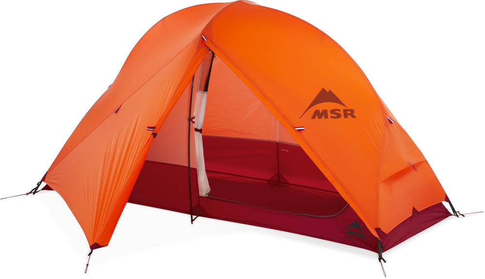 Close-up of the MSR Access central-support frame stabilizing the shelter.