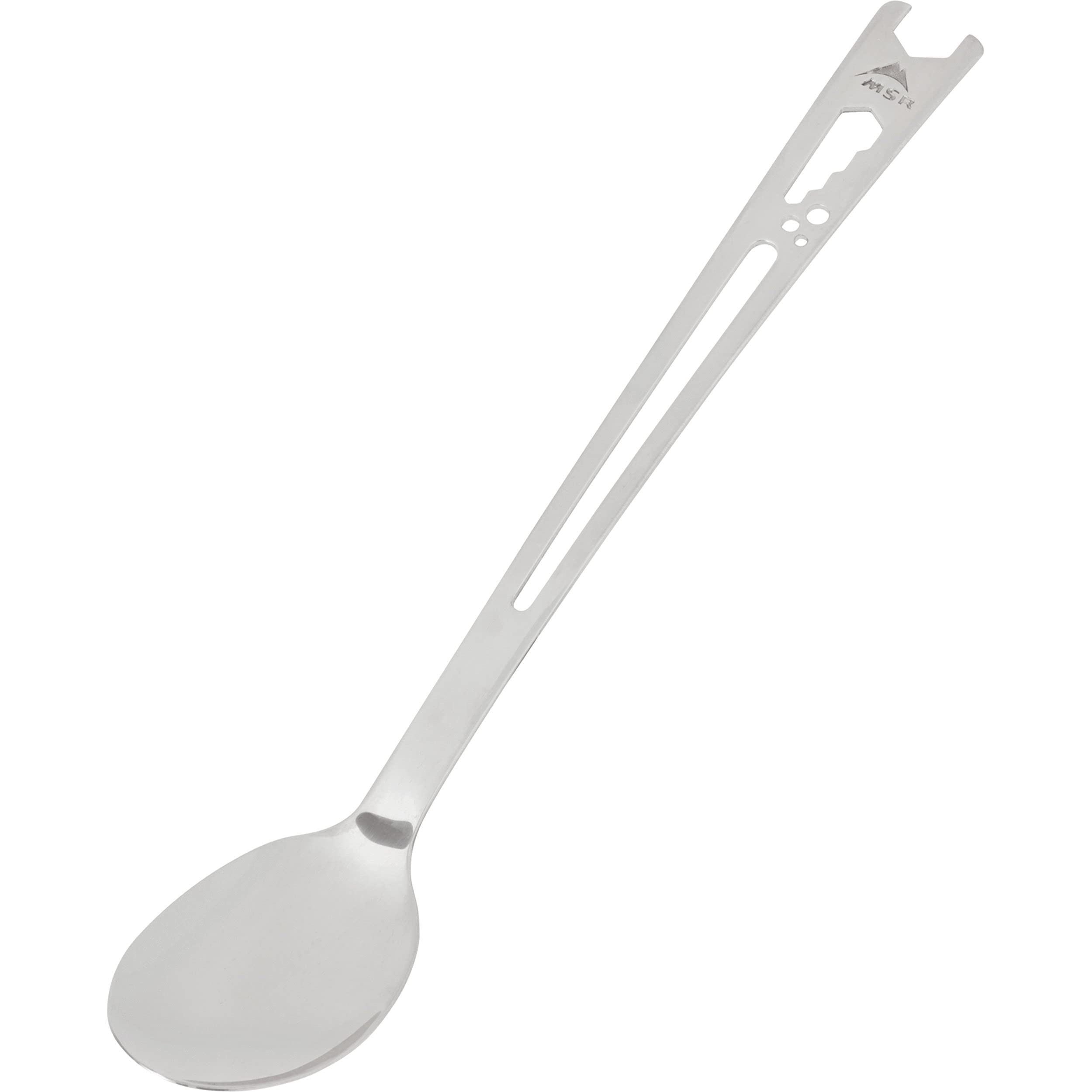 MSR Alpine Long Camping Tool Spoon with extended handle reaching the bottom of tall pots.