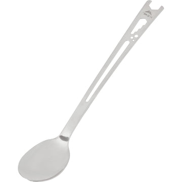 MSR Alpine Long Camping Tool Spoon with extended handle reaching the bottom of tall pots.