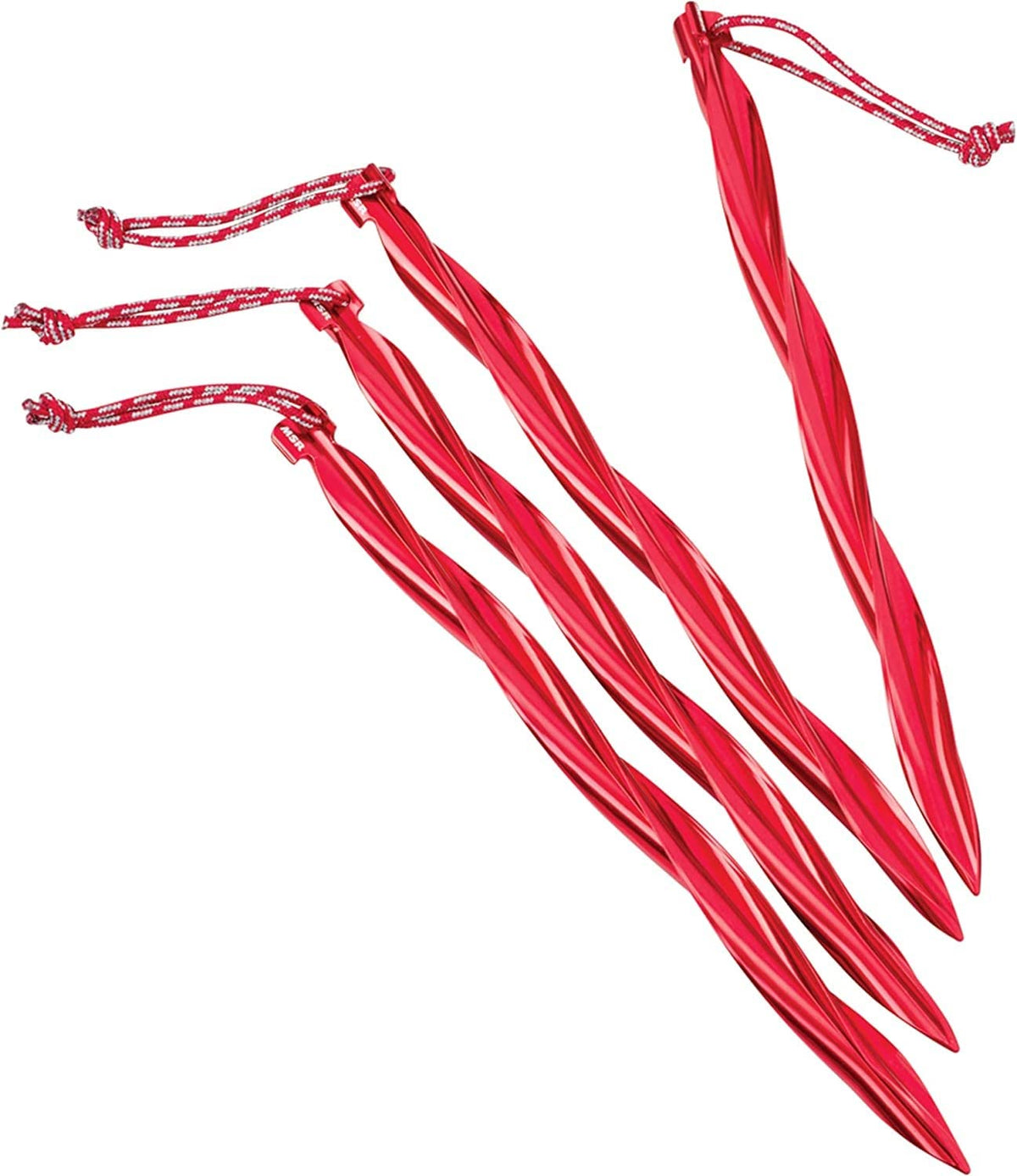 MSR Cyclone 10-inch spiral red tent stake showing spiral design for secure ground hold.