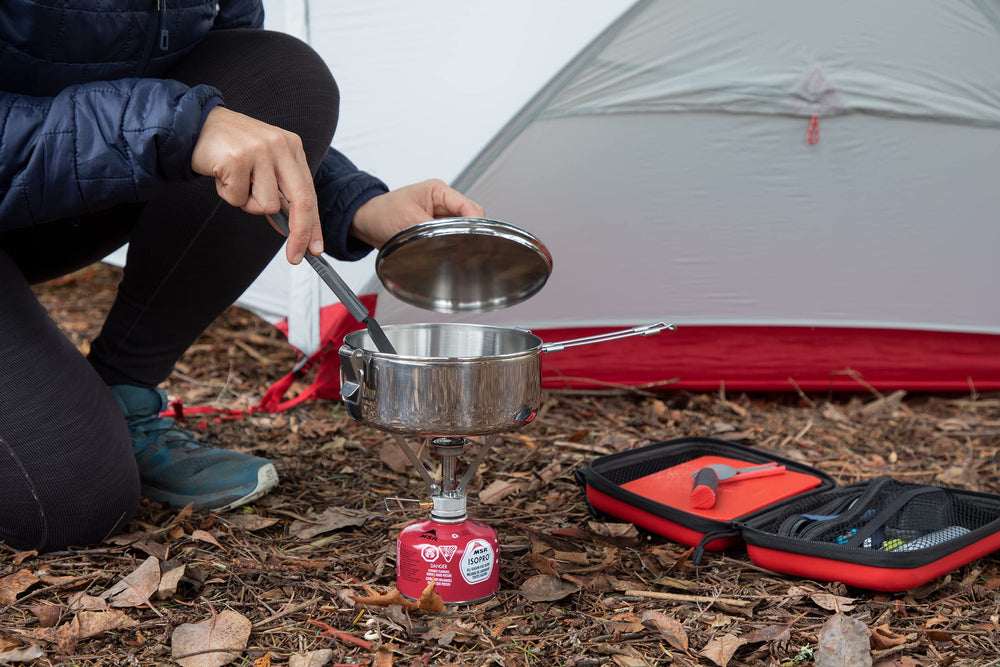 MSR deluxe cutting board offers a stable prep surface in backcountry kitchens