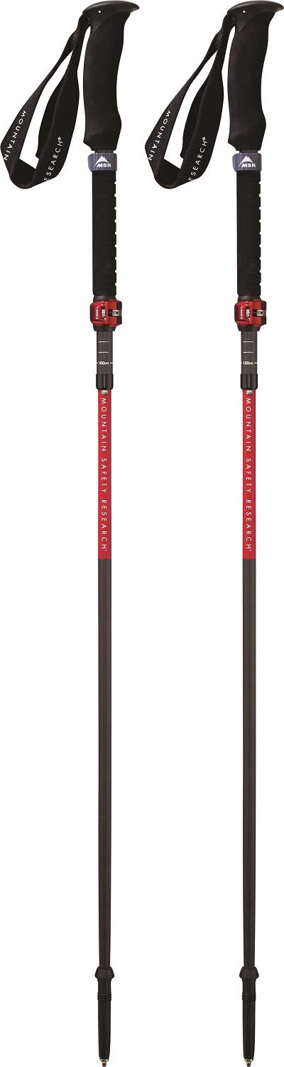 MSR DynaLock Ascent poles extended for steep climbs showing adjustable length