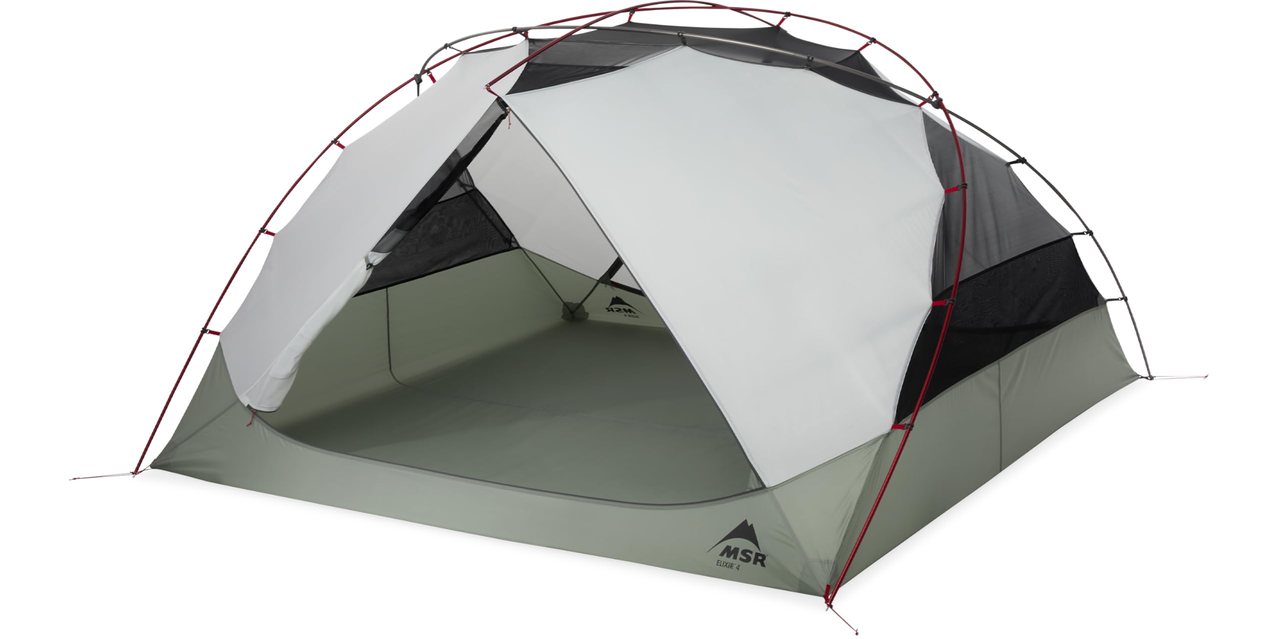 MSR Elixir 4P tent side view showing dual vestibules for gear