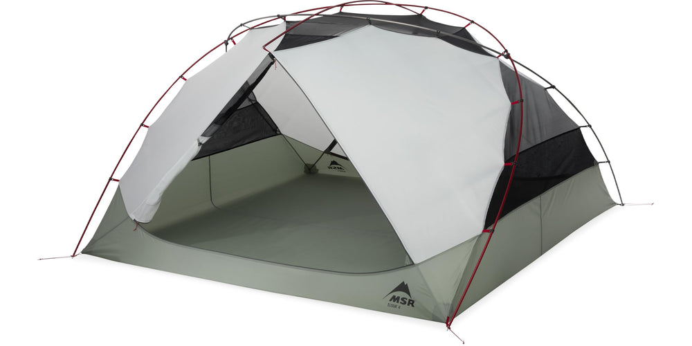 MSR Elixir 4P tent side view showing dual vestibules for gear