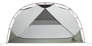 MSR Elixir spacious vestibule offers ample gear storage during camps.