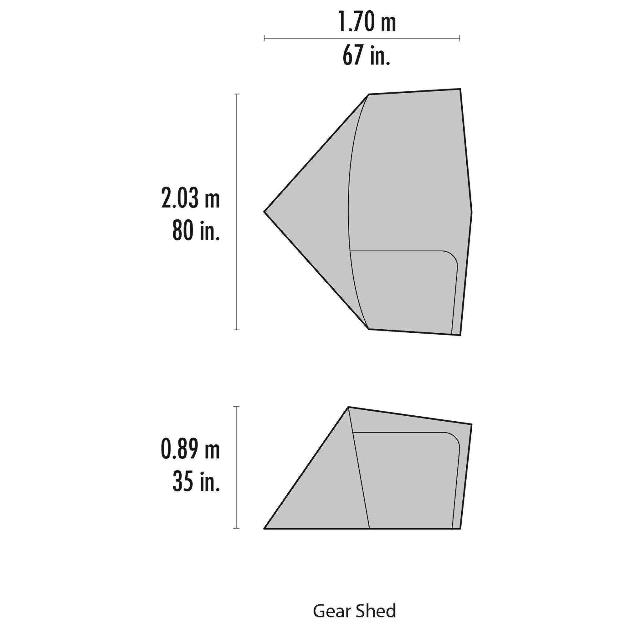 MSR Gear Shed basecamp setup illustrating 2.46 m² of covered storage.