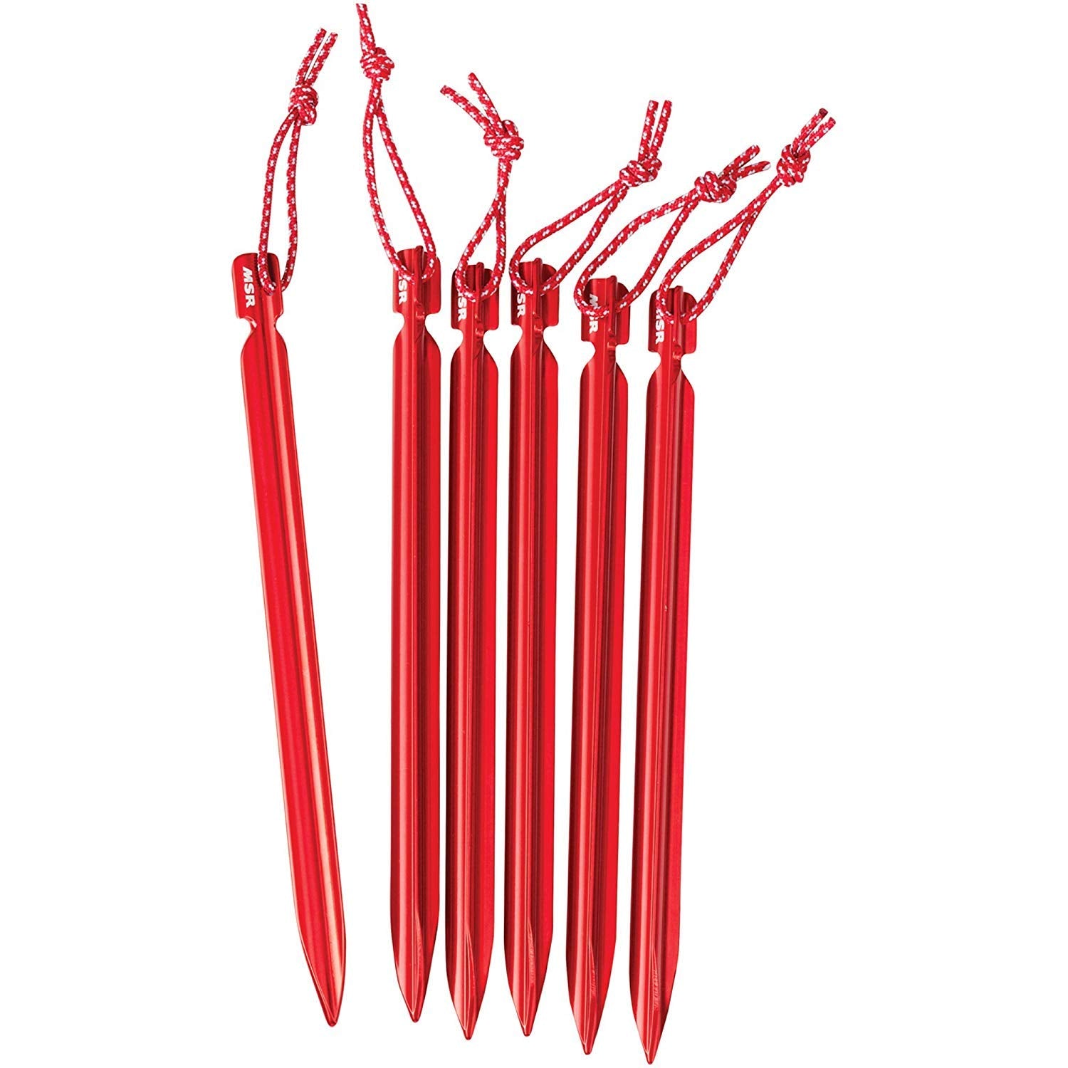 MSR Groundhog Mini stake kit with six red 6-inch stakes for secure campsite setup.