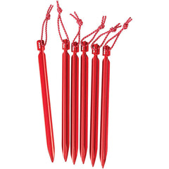 MSR Groundhog Mini stake kit with six red 6-inch stakes for secure campsite setup.
