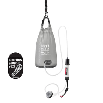 MSR Guardian gravity purifier setup shows easy, high-volume purification on trail